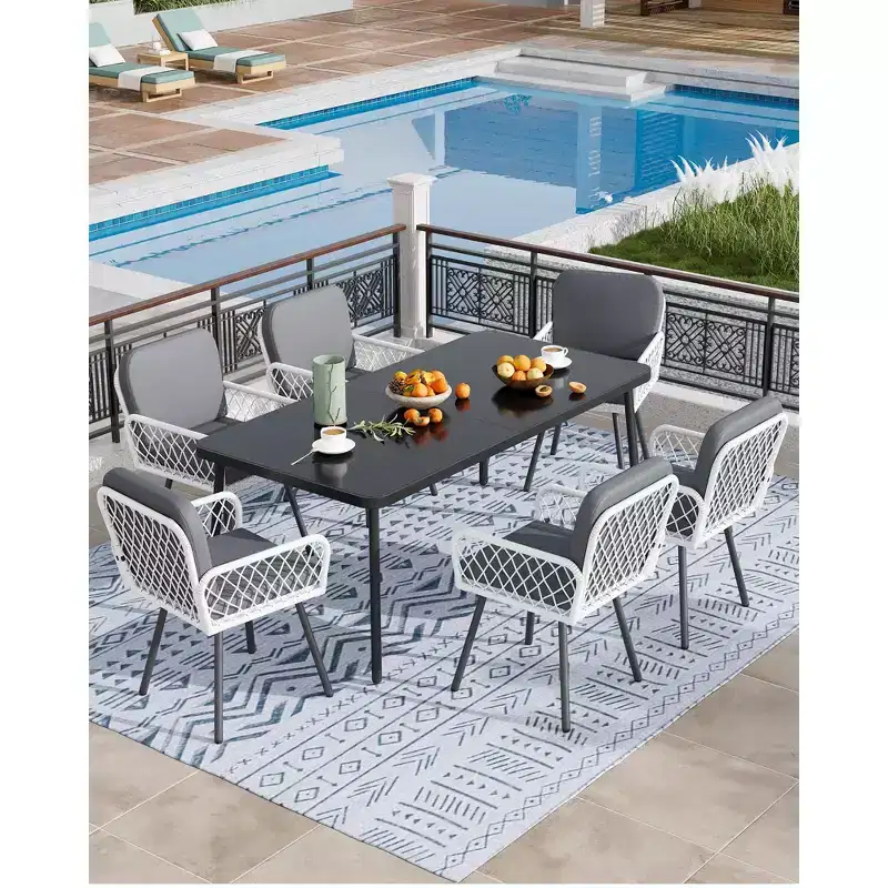 7-Piece Outdoor Patio Dining Set, 59x35 Iron Frame Table with Black Tempered Glass Top, 6 All-Weather PE Wicker Chairs with Gray Cushions