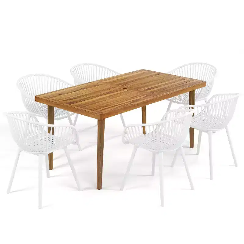 Christopher Knight Home Lillian 7 Pieces Patio Modern Acacia and Polypropelene Plastic Dining Set