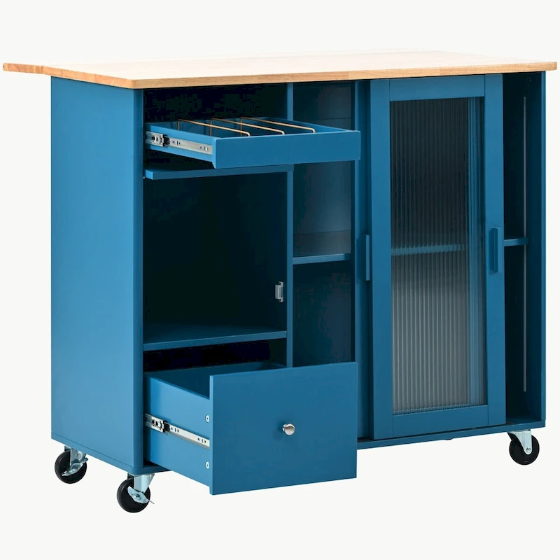 Kitchen Island with Drop Leaf, LED Light Kitchen Cart on Wheels