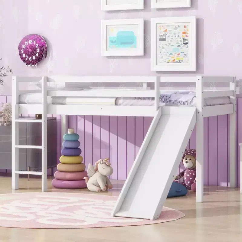 Twin Low Loft Bed with Slide, Ladder & Safety Guardrails – White, Solid Wood
