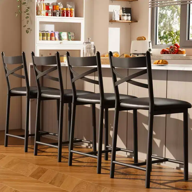 Set of 4 Counter Height Bar Stools 26 Black PU Leather Upholstered Seats, Metal Frame, X-Back Design, Footrest for Kitchen Island, Dining Room