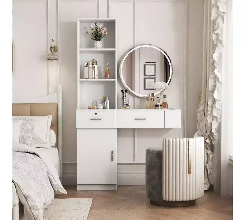 Vanity Table with Lights and Built-In Mirror, Multi-Tier Storage, White