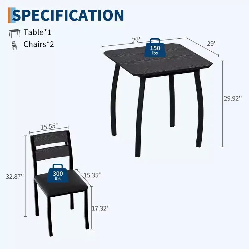 Dining Table Set for 2, Farmhouse 3 Piece Kitchen Table and Chair Set with Upholstered Chair, Metal Frame Dining Room Table and Chairs