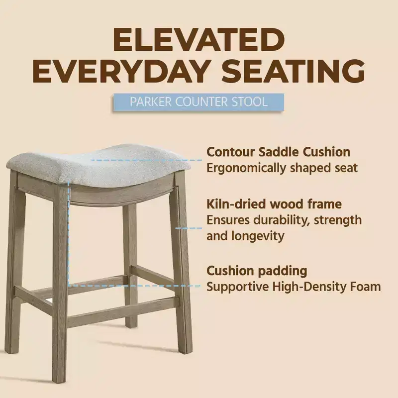 Grey Upholstered Backless Counter Stool, Reclaimed Oak Frame, 2-Pack