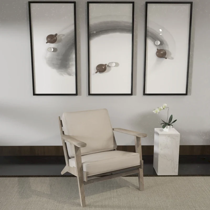 Amber Accent Chair, Handcrafted Slatted Mango Wood, Buffalo Leather Cushions, Angled Legs