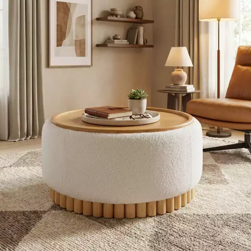 Round Storage Ottoman with Solid Wood Cylinder Base & Reversible Lid
