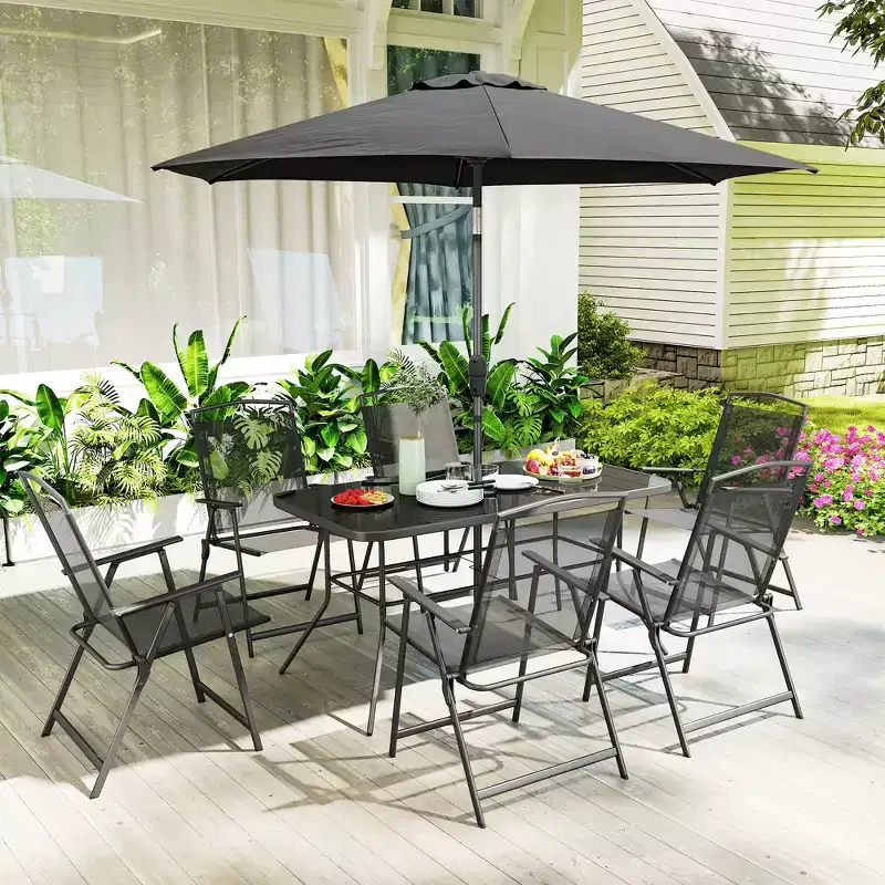 Outsunny 8 Piece Patio Dining Set with Table Umbrella, 6 Folding Chairs and Rectangle Dining Table, Outdoor Patio Furniture Set, Black