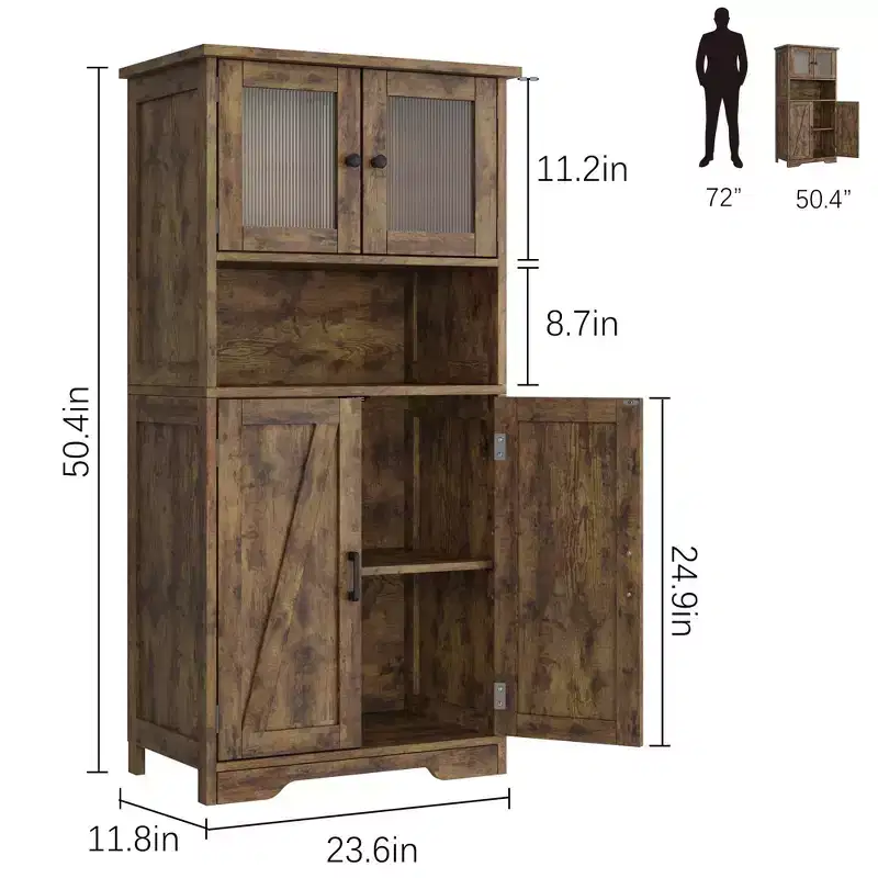 54in Tall Bathroom Cabinet, Farmhouse Storage Cabinet with Glass Doors and Adjustable Shelves, Freestanding Kitchen Pantry Cabinets, Cupboard for Room