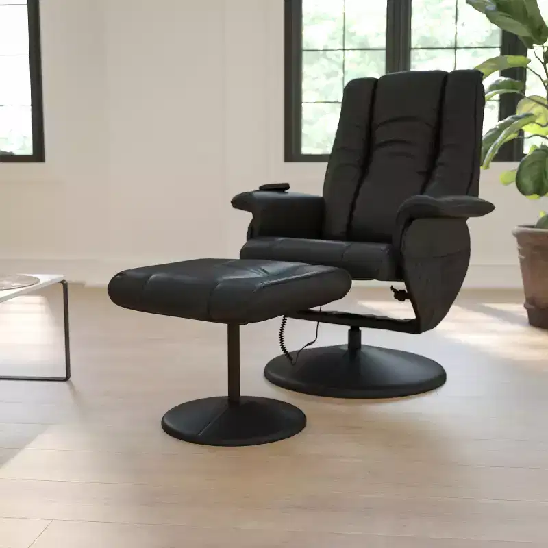Emma and Oliver Massaging and Heat Controlled Recliner & Ottoman Set in Black LeatherSoft
