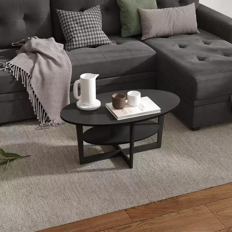 Oval Coffee Table 2-Tier Living Room Center Table with Open Shelf Storage, Wood Finish