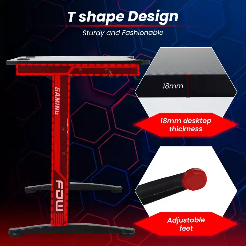 BestMassage 47 Inch Computer Desk Gaming Desk Writing Desk T-Shaped Office Desk PC Desk with Built-in Cup Holder, Red