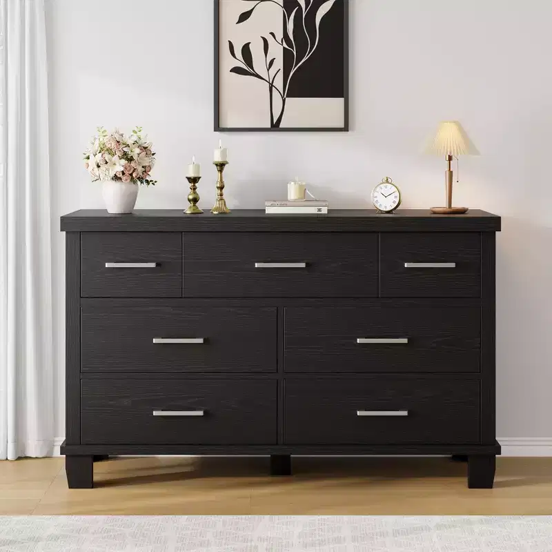 51 Inch Wide Modern Wood Dresser with 7 Drawers, Sturdy Chest of Drawers with Metal Handles for Bedroom & Living Room