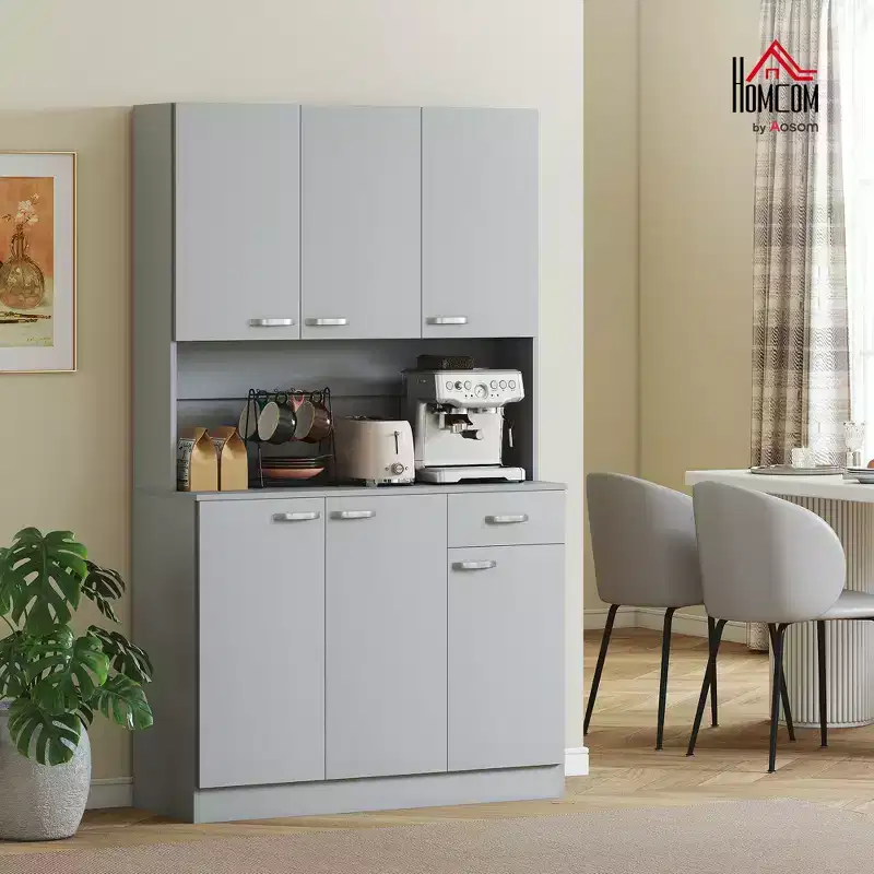 HOMCOM 71 Freestanding Buffet with Hutch, Kitchen Pantry, Cupboard with 6 Doors, 3 Adjustable Shelves, and 1 Drawer