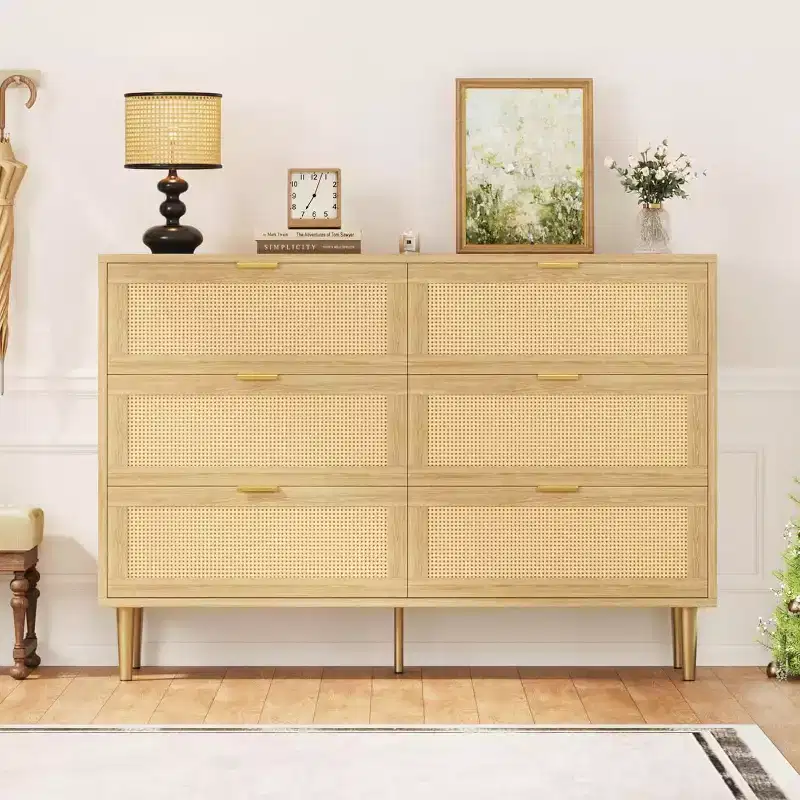 Rattan 6-Drawer Dresser - 42.5 Boho Chest w/ Gold Legs & Anti-Tip, Natural Finish for Bedroom & Living Room