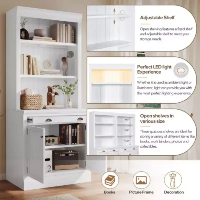 83.4 Tall Storage Bookcase With Open Shelves, 2-Piece Set Freestanding Bookshelf With 2 Doors And 1 Drawer For Home Office Bedroom Living Room