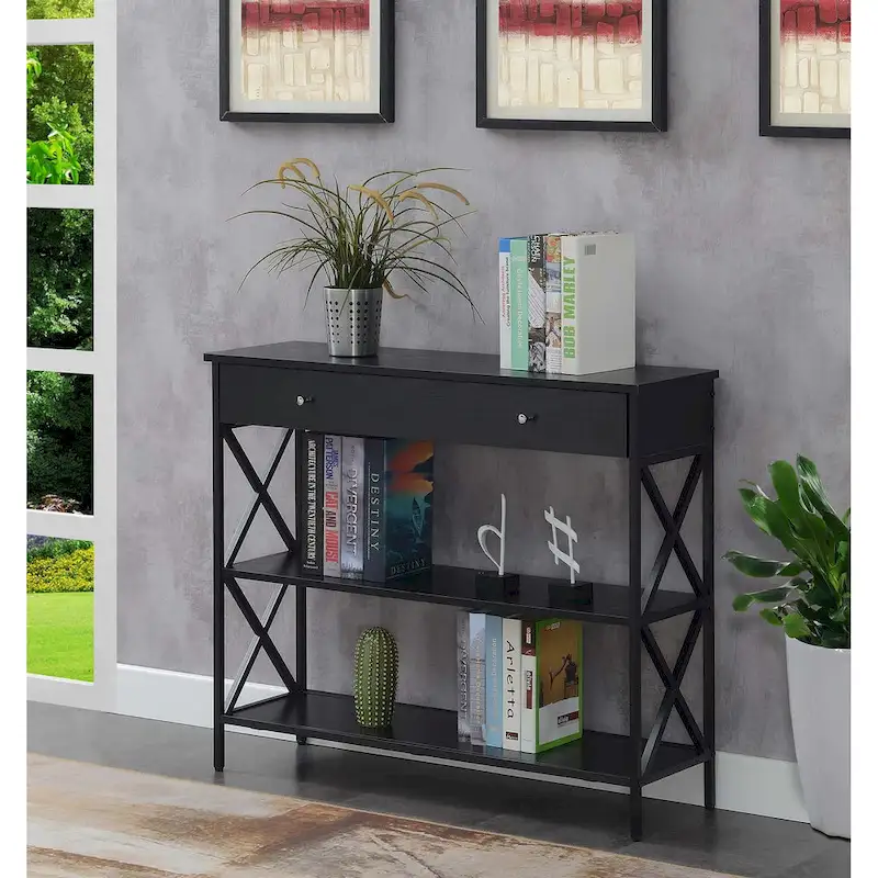 Console Table with 1 Drawer & Open Shelves, Black Crisscross Frame, 39.5