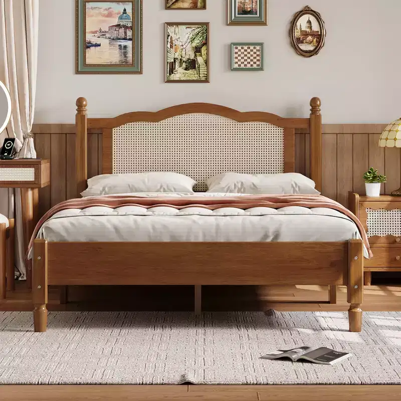 Queen/Full Size Wooden Platform Bed with Natural Rattan Headboard, Vintage Bed Frame with Wooden Slat Support 4B