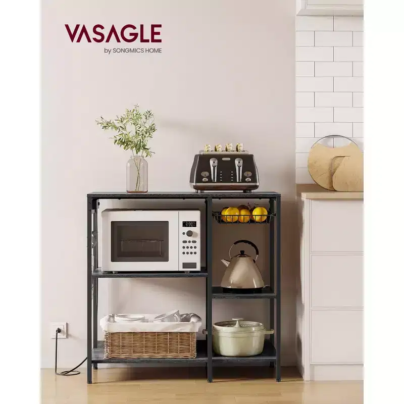 Baker's Rack Coffee Bar Stand with Charging Station, Pull-Out Wire Basket & Adjustable Shelves, 400 lbs
