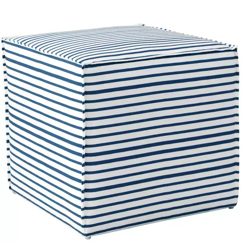 French Seam Ottoman in Nautical Stripe Navy: Modern Footstool, No Assembly, Wood Frame