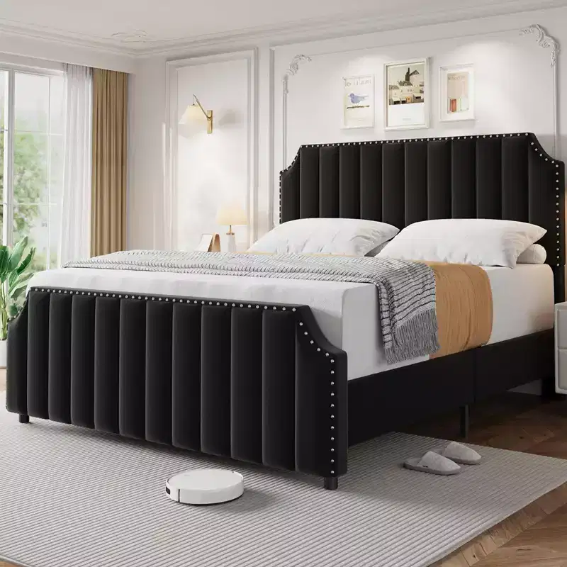 COZONY King Size Bed Frame w/ Velvet Upholstered Headboard, Rivet Decor, Strong Wood Slats, No Box Spring Needed, Easy Assembly