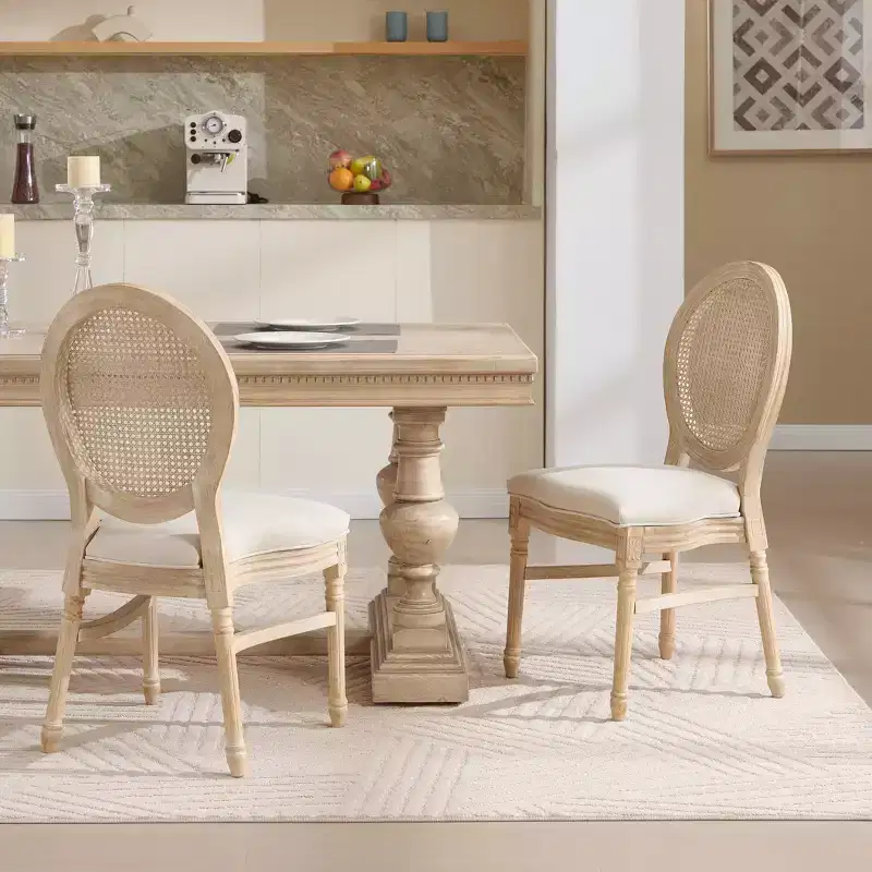Ora Maison French Country Rattan Dining Chairs Set of 2, Upholstered Carved Round Back Chairs, Beige