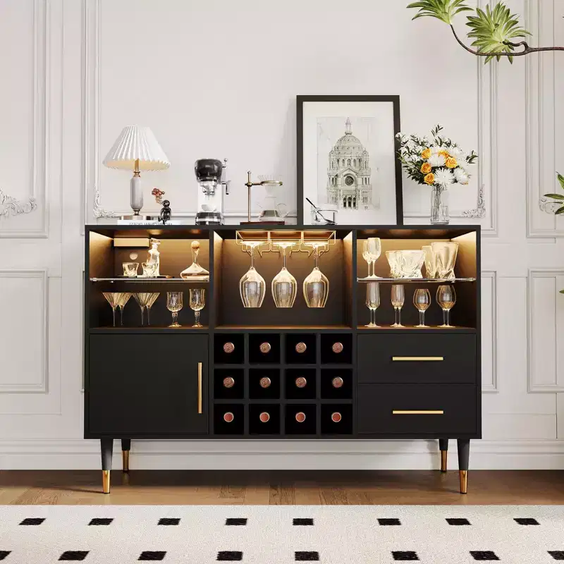 Bar Cabinet with LED Lights & Charging Station, 47 Inch Kitchen Buffet Sideboard with Storage Drawers, Wine Rack & Door