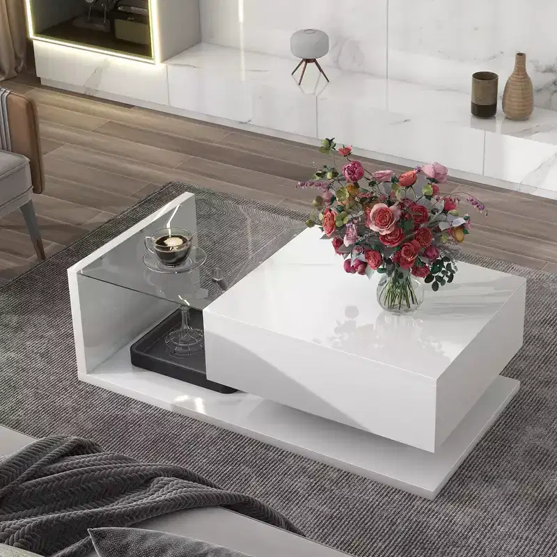 Modern Coffee Table with Drawer,Square Accent Center Sofa Table, Wooden Cocktail Tea Table with Storage Shelves for Living Room, Office