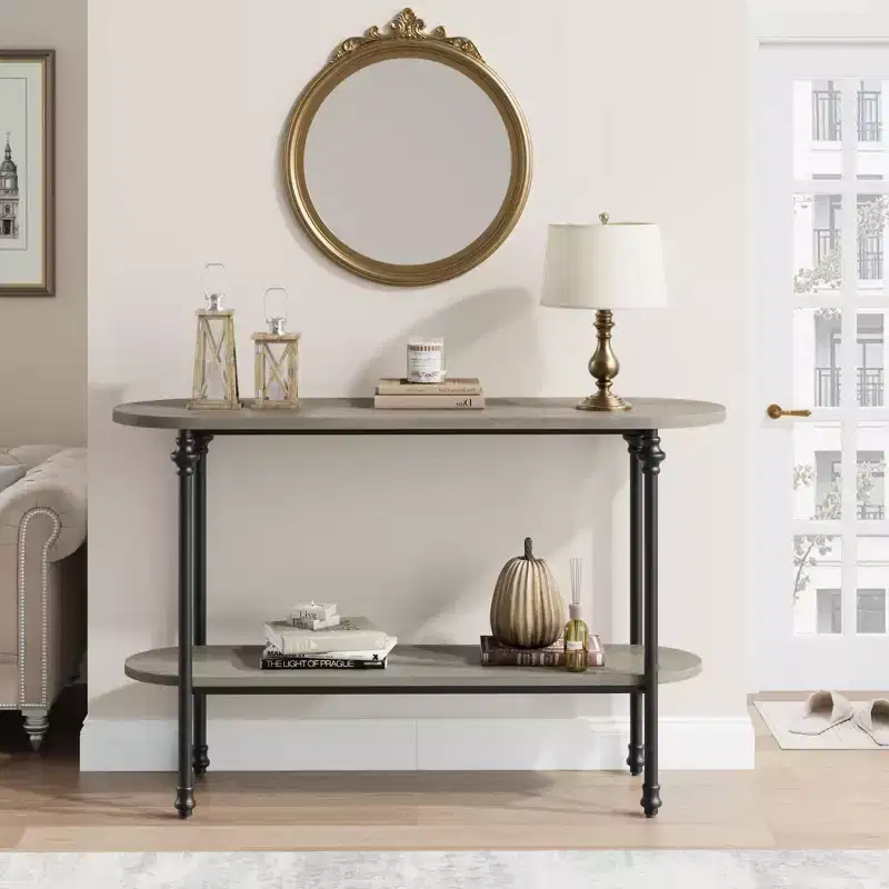 Console Table, 43 Entryway Table with Storage, 2 Tier Sofa Table with Metal Frame and MDF, Behind Couch Table - Rustic Gray