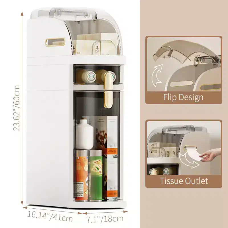 Modern Plastic Narrow Gap Storage Cabinet, Waterproof Skinny Bathroom Storage Organizer With Drawers, Cream White With Transparent Black Accents