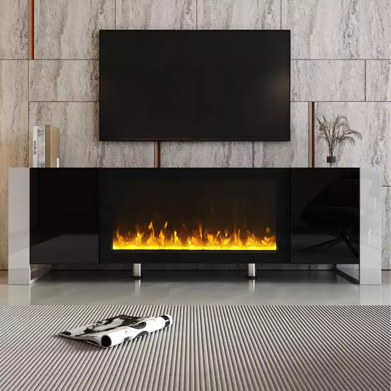 White TV Stand with Electric Fireplace, 2 Cabinets, Fits up to 78 in.