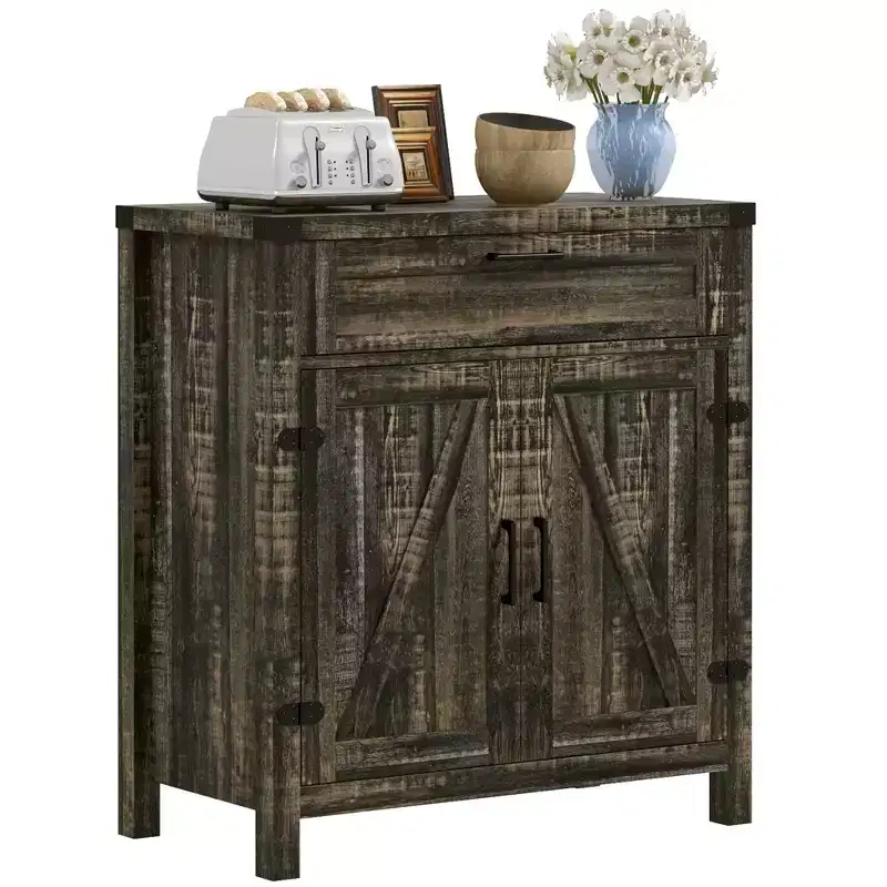 Sideboard Buffet Cabinet with Storage Drawer, Modern Farmhouse Kitchen Cabinet with 2 Barn Doors, Coffee Bar Cabinet