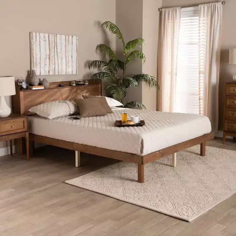 Decker Wood Platform Bed with Charging Station Walnut Brown - Baxton Studio