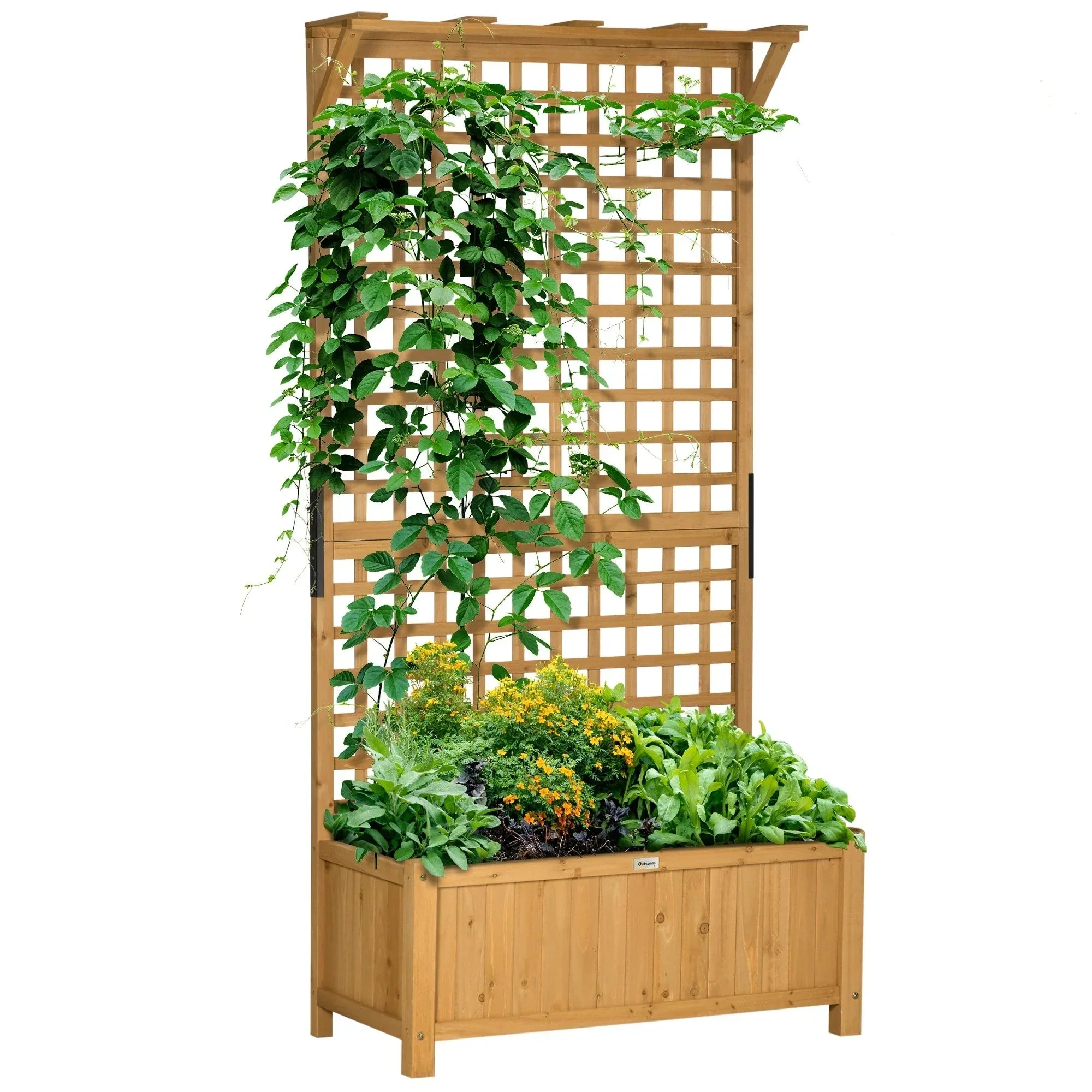 Wood Planter with Trellis, Raised Garden Bed for Climbing Plants w/ Drainage Holes and Roof
