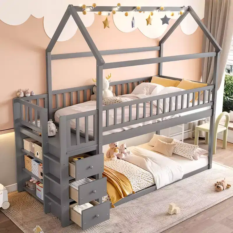 GDFStudio Salvador Modern Wooden House Bunk Bed with Shelved and 3 Drawers
