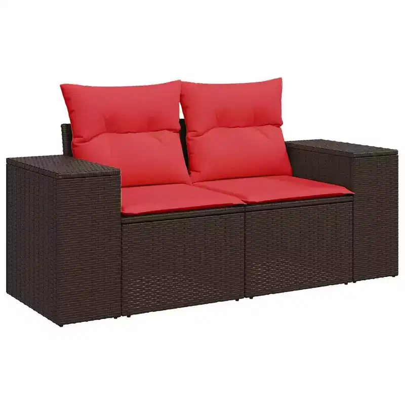 vidaXL 5 Piece Garden Sofa Set with Cushions Brown Poly Rattan - Brown and Red Without Table