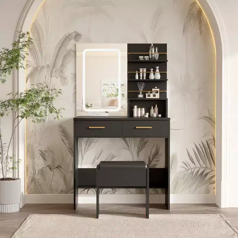 Vanity Desk with Mirror and Lights, Makeup Vanity Table with Drawers and Shelves, Cabinet and Cushioned Stool, for Bedroom