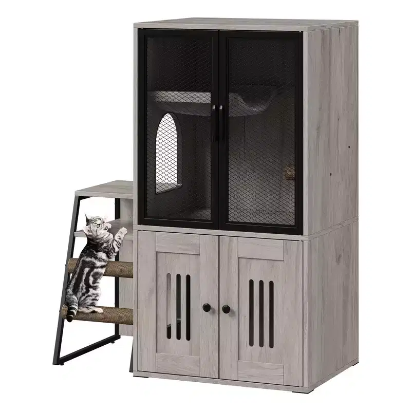 Cat Litter Box Furniture, 2-in-1 Hidden Litter Box Enclosure - Double Layer Cat House Storage Cabinet with Removable Ladder Scratching Posts Doors