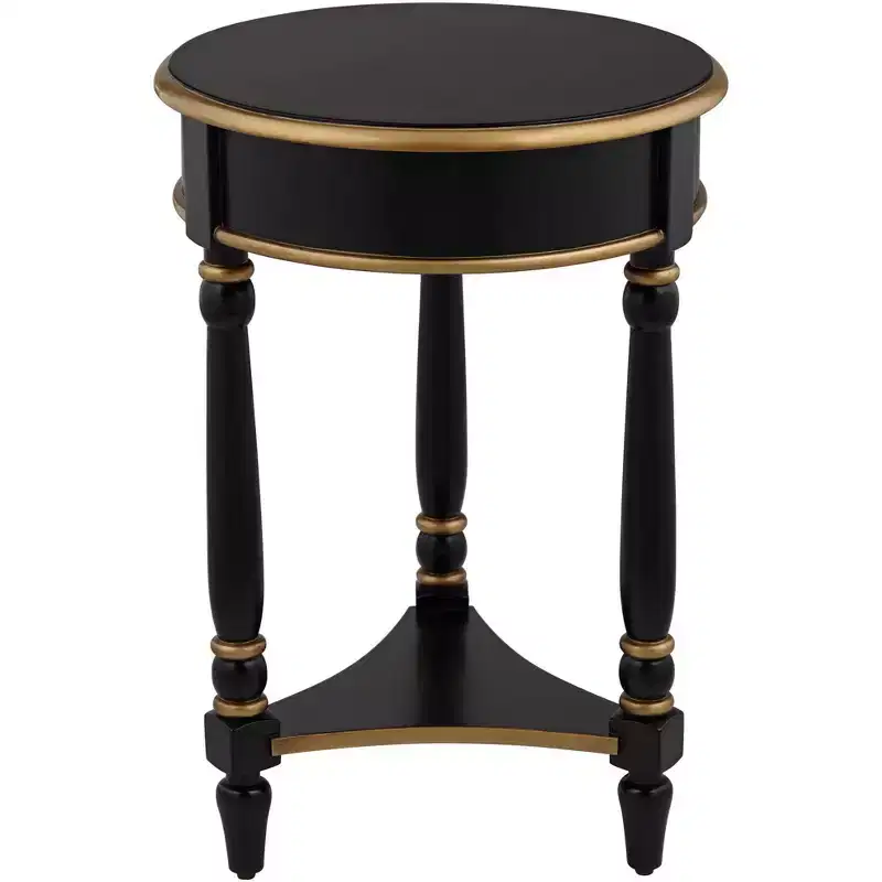 18 Inch Vintage Wood Round Accent Side Table with Shelf in Black and Gold Trim