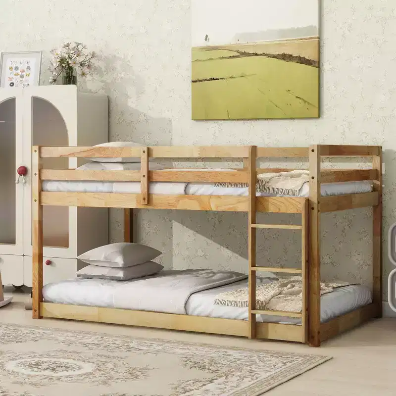 Twin-Over-Twin Floor Bunk Bed with Ladder, Guardrail & Strengthened Slats, for Kids Room & Gaming Room, Natural