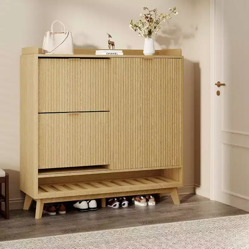 Acekool Fluted Narrow Wooden Shoe Cabinet with Sliding Door & 2 Flip Drawers Slim Entryway Storage for Hallway & Closet