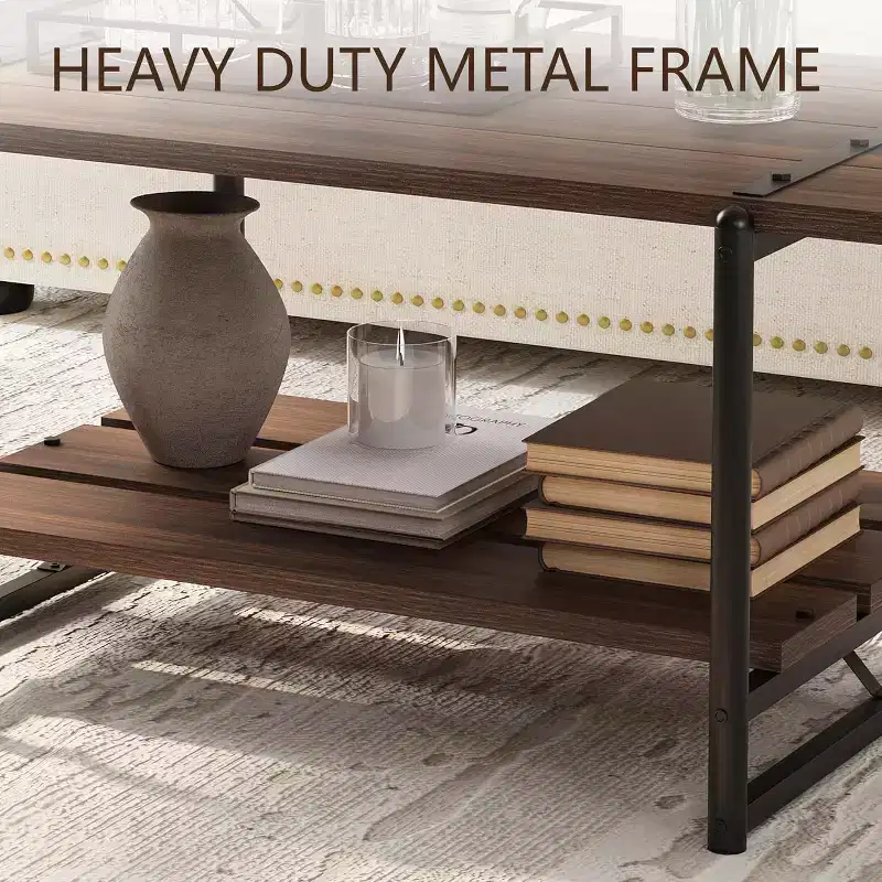 2 Tier Farmhouse Coffee Table for Living Room, 41x22 in, Wooden Center Table with Storage Shelf & Metal Legs for Apartment Office
