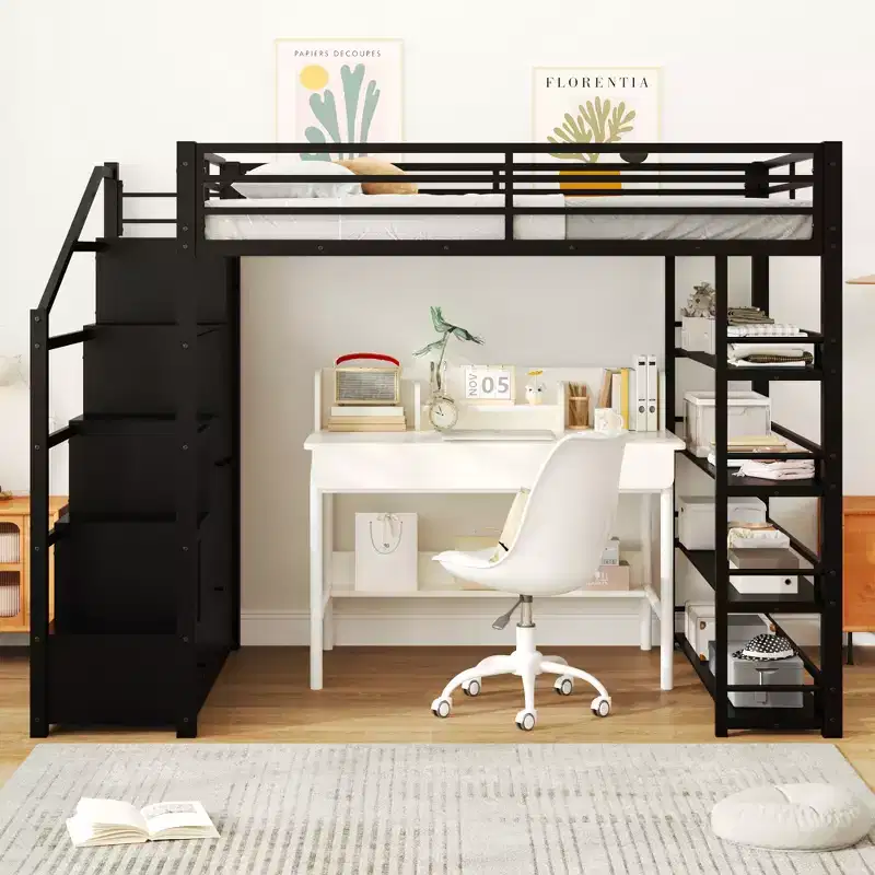 Full Loft Bed with Storage Shelves, Cabinets, Stairs & Wardrobe, Metal Frame for Teens & Adults, Black