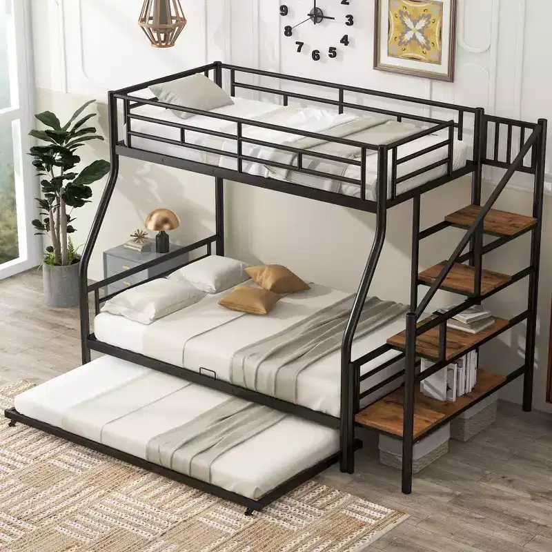 Twin over Full Bunk Bed with Trundle and Stairs, Heavy Duty Bunk Bed with Storage Staircase for Bedroom Dorm