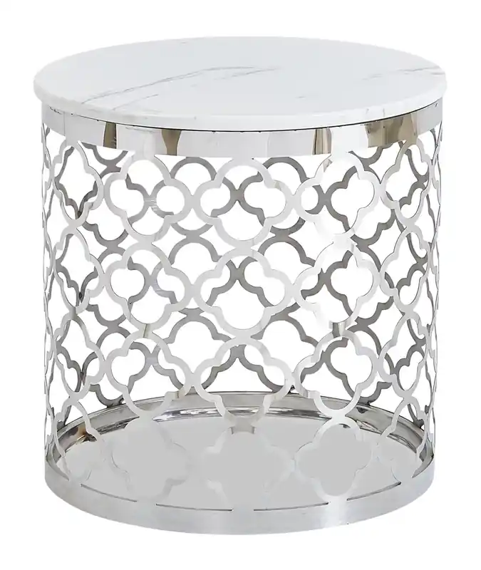 19.75 Glam Round End Table - White Marble Top with Stainless Steel Base