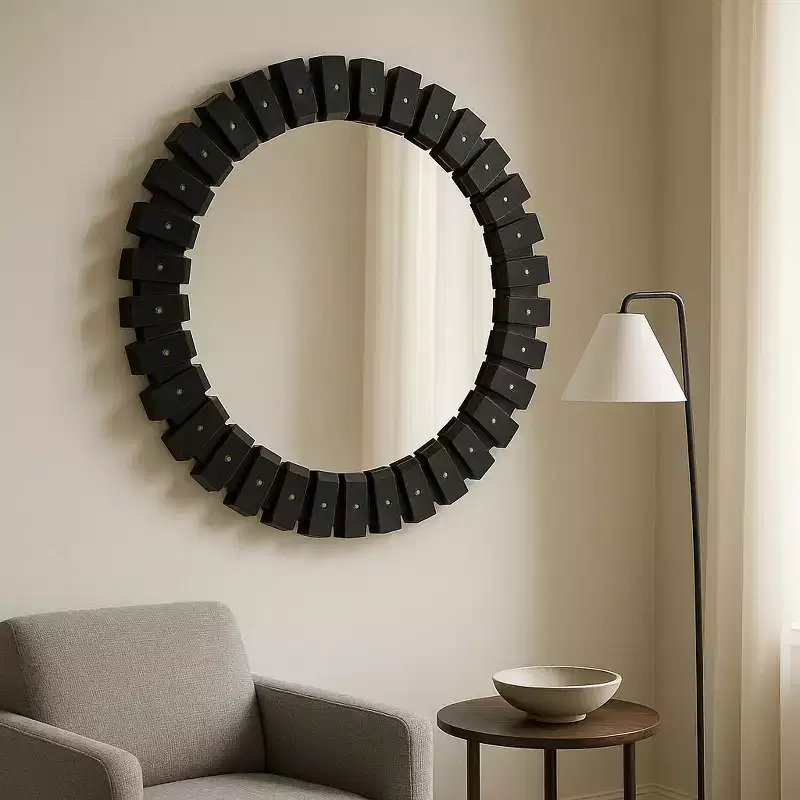 Decorative Large Round Marble Tile Mirror for Bedroom Decor - Contemporary Wall Mirror for Bathroom, Dorms, and Hallway Accent Decor - 35, Black