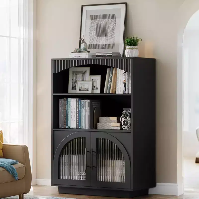 SOLACE FURNITURE 46 Bookshelf with Doors, Black Bookcase with Glass Door, 3 Tier Small Bookshelf