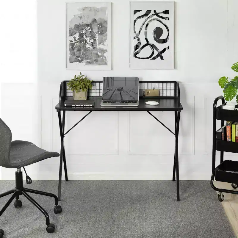 40 in Computer Desk with Grid Storage Shelf and X-Shaped Metal Frame, Home Office Gaming Desk, Black