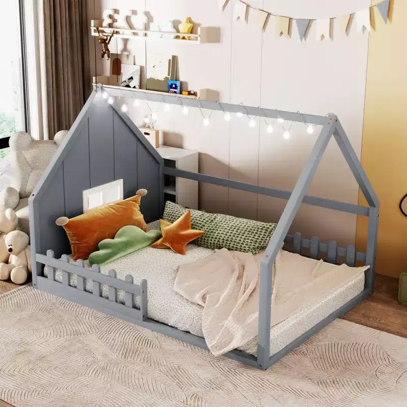 Okak Full Size Bed Frame with Storage Headboard, Solid Wood Full Wood House Platform Bed with Window and Fence for Bedroom, Gray