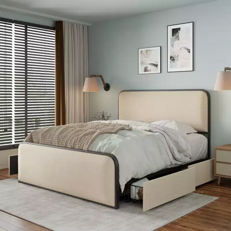 Whisen Queen Modern Metal Bed Frame with Upholstered Headboard and 4 Drawers - Beige
