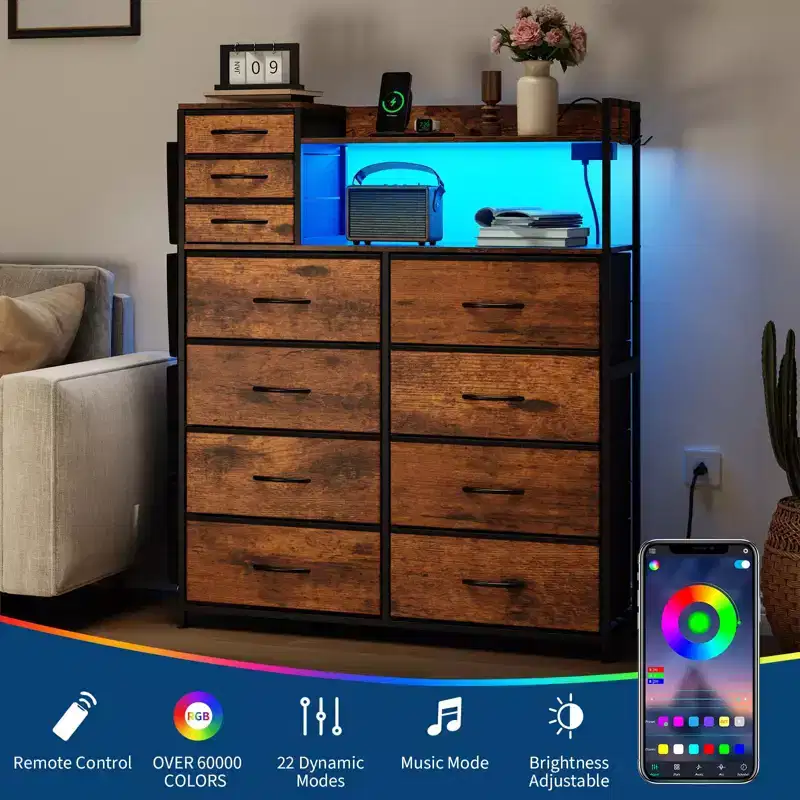Fabric 11-Drawer Dresser with Charging Station & LED Lights